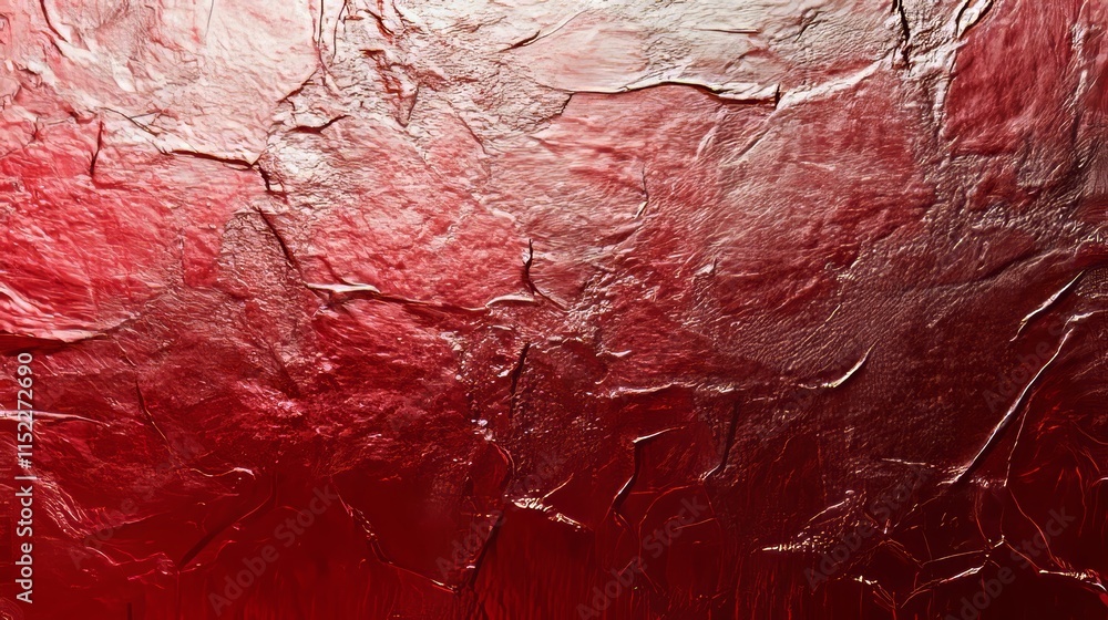 Poster deep red background with rock-like textured pattern and iridescent metallic highlights