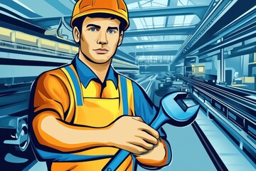 Stylized Vector Art of a Worker Holding a Wrench on a Factory Floor with Conveyor Belts in a Modern Industrial Setting