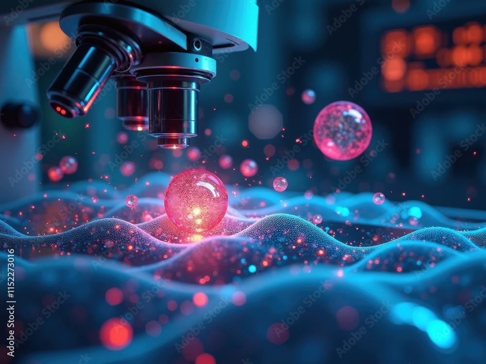 Poster microscope reveals vibrant particles on a textured surface in a laboratory setting illuminated by so