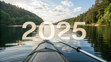 Kayaking into 2025 - Serene kayaking adventure, new year, nature, journey, hope.  Reflecting on the past, embracing the future.