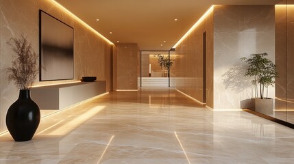 Modern luxury hallway with marble floors, indirect lighting, and minimalist decor.