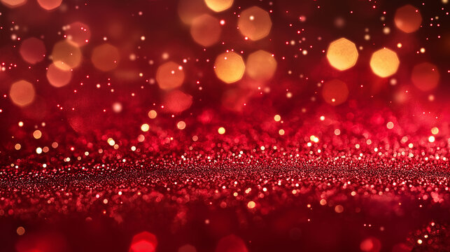 Horizontal red ruby bokeh sparkle glitter shine festive background soft blur light effects glowing texture festive