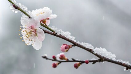 Winter Blossom Beauty - Delicate pink blossoms, snow covered branches, winter scene, nature's resilience, serene beauty.