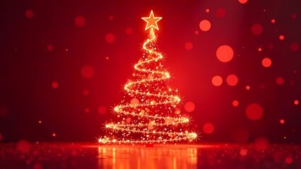 Christmas tree forming from swirling light particles on a red background