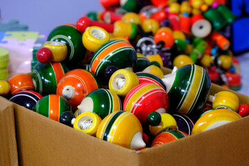 Traditional handmade Colorful toys made from wood, wooden toys, family, selective focus.