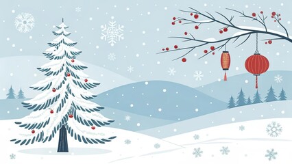 Obraz premium Minimalist Chinese Winter Christmas Scene - Snowy winter landscape, Christmas tree, red lanterns, snow-covered hills, festive atmosphere. Symbolizes peace, joy, tradition, nature, celebration.