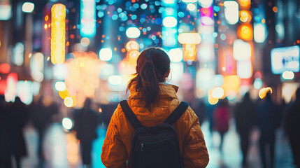 Junge Frau mit Rucksack in leuchtender Großstadt bei Nacht – urbanes Stimmungsbild zwischen Lichtern, Selbstfindung und Abenteuerlust im modernen Stadtleben