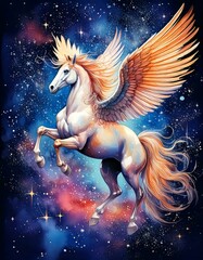 Watercolor Pegasus flying through a galaxy filled with stars and constellations with copy space 