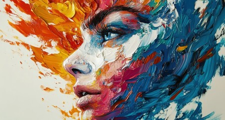 Woman's face emerges from vibrant abstract colors in a captivating artwork