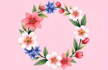 Fototapeta premium Floral wreath with free place for text on pink background. Copy space.