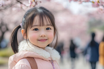 Fototapeta premium Generative AI artwork of a cute Japanese child enjoying the vibrant spring blossoms in a serene park setting