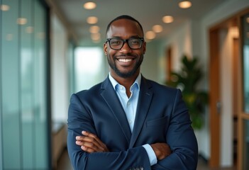 Fototapeta premium A smiling black man in a suit stands confidently in an office hallway.