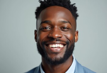 Obraz premium A young African American man with a beard smiles brightly at the camera.