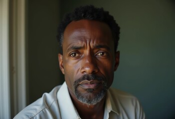Obraz premium A close up portrait of a middle aged black man with a serious expression.