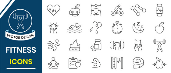 Fitness icon set. Gym and fitness line icon, vector set design for app, website, logo. Physical activity, Gym, exercise, sports equipment, exercises icon. Vector illustration.