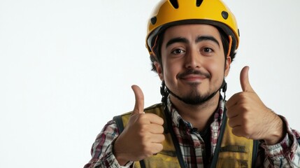 Fototapeta premium Latin worker showing thumbs up with yellow helmet and vest on a white background