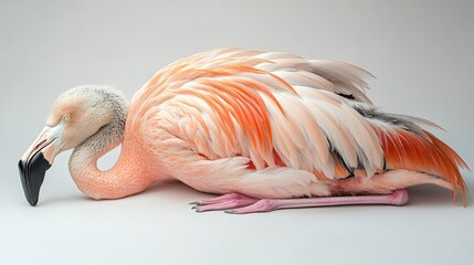 close-up of a flamingo resting on white background