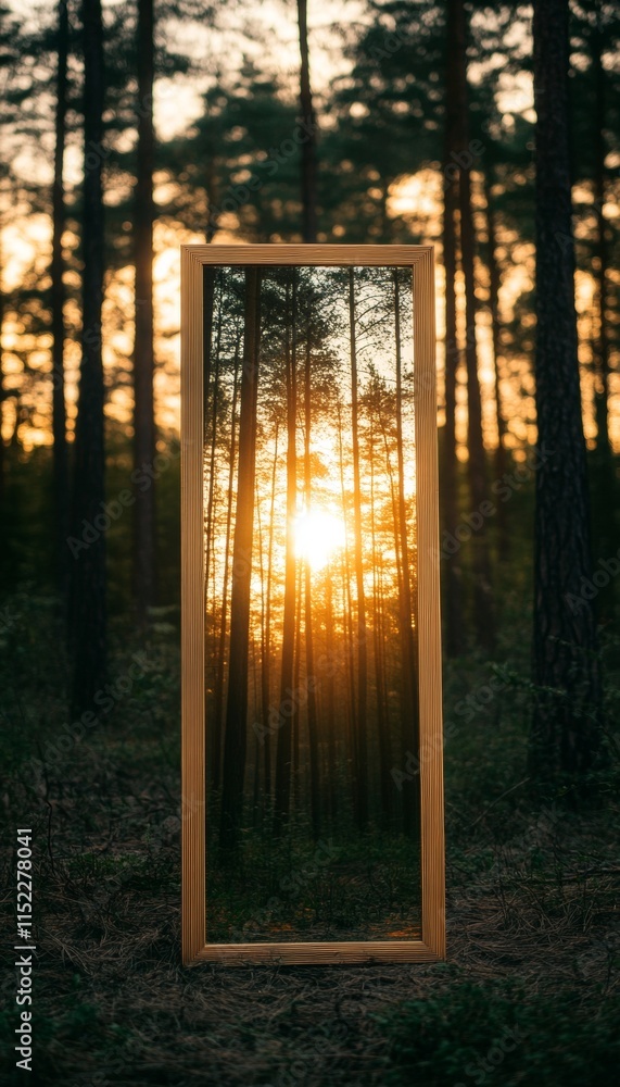 Poster mysterious standing mirror reflecting the light from the setting sunlight in forest at dusk