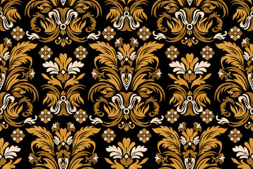 Motif Ikat floral design pattern on black background vector illustration.Ikat ethnic oriental embroidery.Aztec style. Design for texture, fabric, clothing, wrapping, decoration, print, or rug.