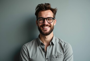 Obraz premium A young man with a beard and glasses smiles at the camera.