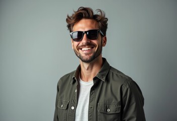 Fototapeta premium A man with a beard and sunglasses smiles for the camera.