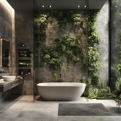 Imagine an interior bathroom wall with plants growing on the entire surface of it, creating a lush and natural atmosphere. The design includes lots of greenery for decoration but also creates a sustai
