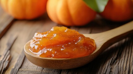 Pumpkin preserve spread on wooden spoon with pumpkins in background