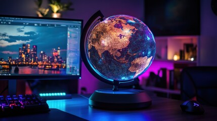 Illuminated globe on desk with computer, keyboard, and mouse in a vibrant room.