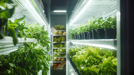 Organized fresh produce display featuring greens and herbs in a modern refrigerated shelving unit