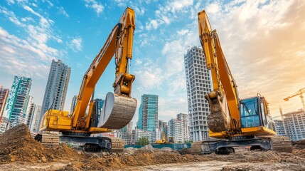 Two excavators working on a construction site with buildings in the background.