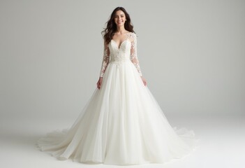 Fototapeta premium A woman in a white wedding dress with a long train lace sleeves and a plunging neckline.