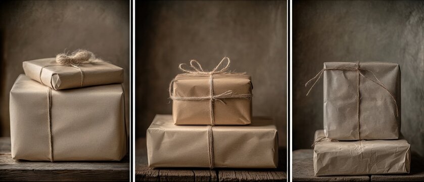 brown paper wrapped gifts tied with string
