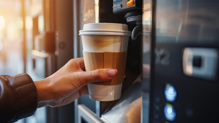 Modern technology, on-the-go lifestyle, caffeine fix, and efficiency. Hand reaching for a paper coffee cup from an automated vending machine. Convenience and quick service in getting a hot beverage. 