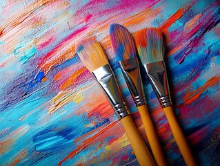 Obraz premium Bright splashes of color surround paintbrushes, transforming a blank canvas into an expressive abstract 