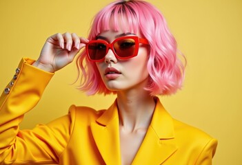 Woman with pink hair and red sunglasses poses in yellow.