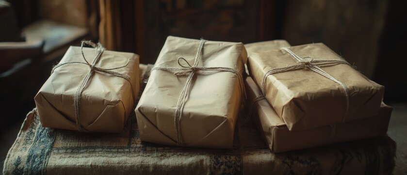 several wrapped gifts with string on a table