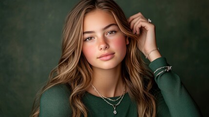 Fototapeta premium Smooth satin green backdrop with subtle metallic highlights, creating a sense of luxury.