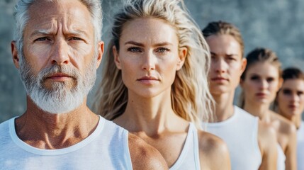 Fototapeta premium Dynamic outdoor group of athletic individuals showcasing elegance and fitness in minimalist style