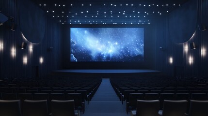 Empty modern movie theater with large screen showing a nebula.