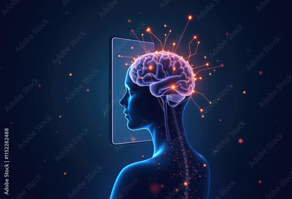 Poster a digital brain with glowing neurons connected to a smartphone.