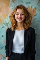 Fototapeta premium A woman in a black blazer and white top smiles at the camera