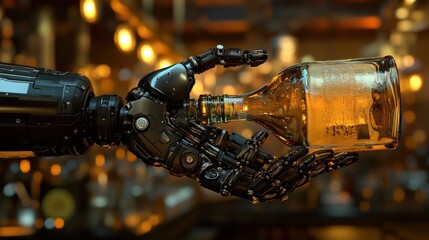 Naklejka na ściany i meble Robotic hand holding a bottle of amber liquid in a bar setting.
