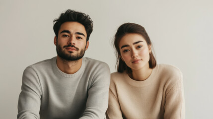 Fototapeta premium A man and woman sitting side by side in a minimalist studio