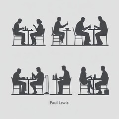 Minimalist white on light gray background, vector design of various people doing different things like cleaning and sitting at tables in a restaurant. "Paul Lewis" written under the silhouette, simple