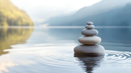 Serene balanced stones on tranquil lake at sunrise