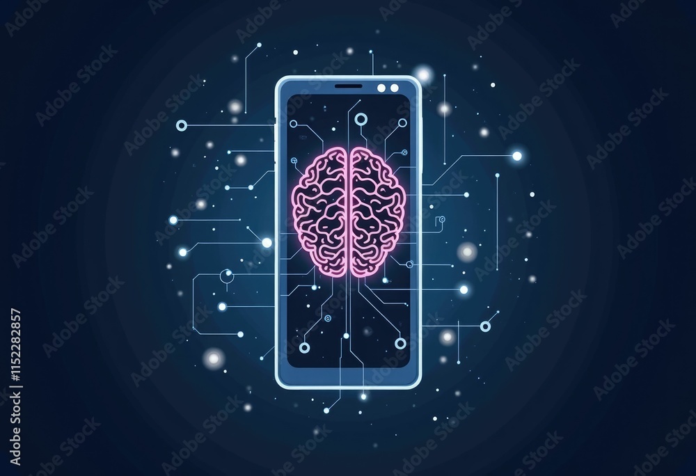 Poster a glowing brain inside a smartphone symbolizing artificial intelligence and technology.
