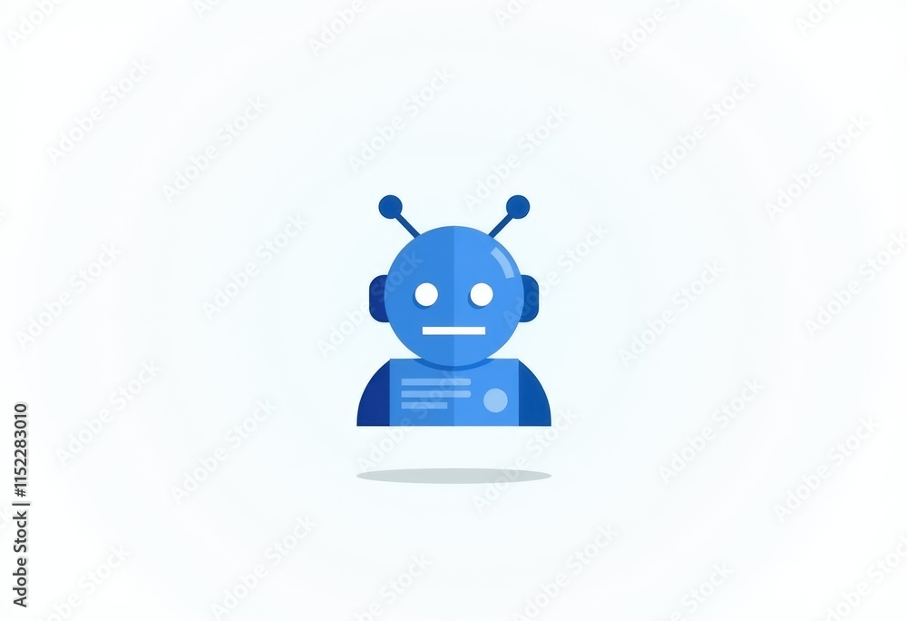 Poster a simple blue robot icon with antennas and a flat design.