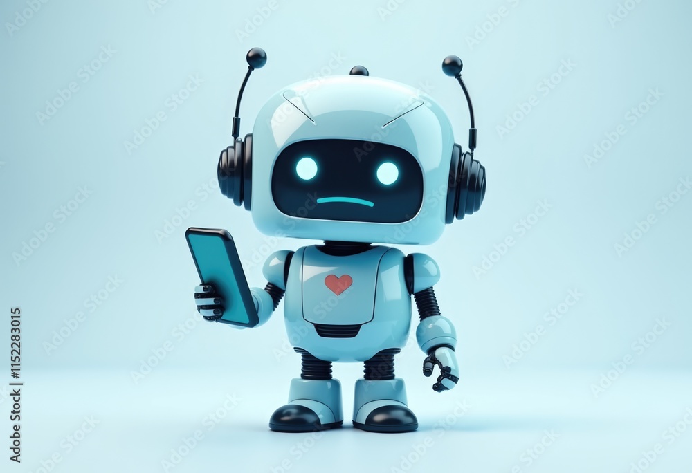 Poster a white robot with a heart on its chest holds a smartphone.