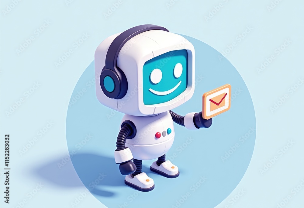 Poster friendly robot with headphones symbolizing customer support and communication.