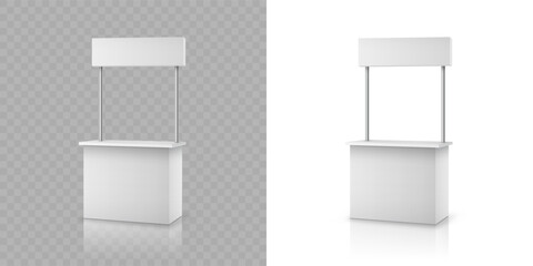 Advertising white booth stand isolated on transparent background. Realistic blank stall, rack or counter. Vector 3d promotional desk with signboard top, empty promo table, portable kiosk